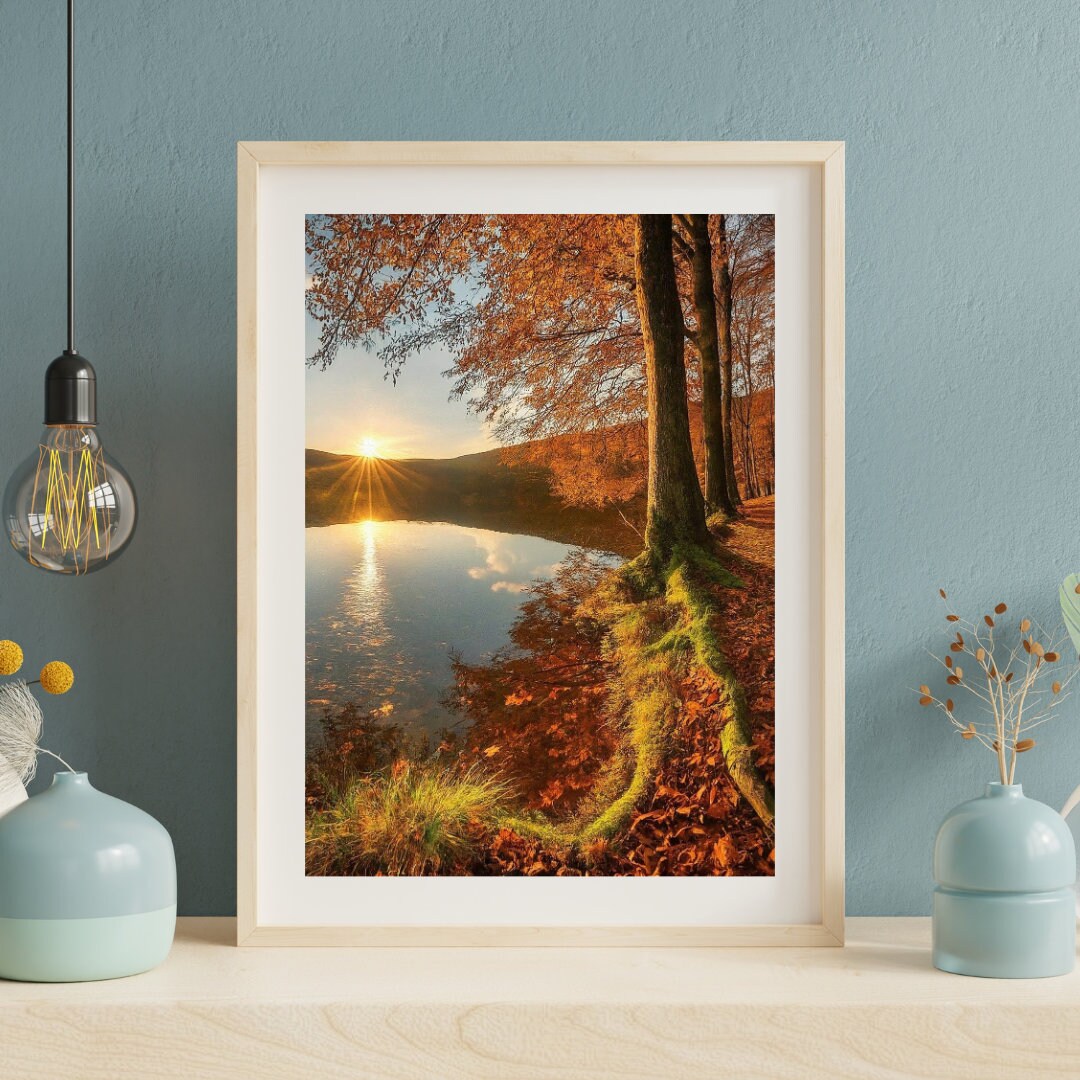 Autumn Sunset Lake Painting, Printable Artwork, Digital Download, Various Sizes Available. Living Room Artwork