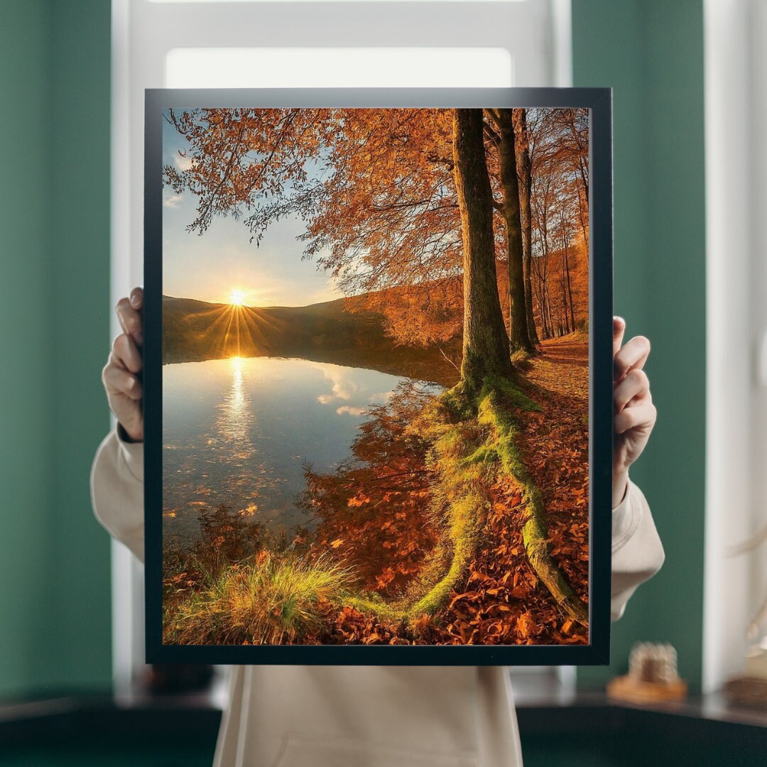 Autumn Sunset Lake Painting, Printable Artwork, Digital Download, Various Sizes Available. Living Room Artwork