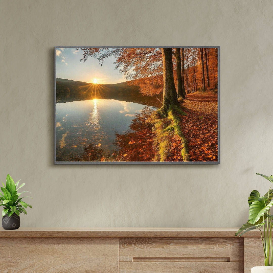 Autumn Sunset Lake Painting, Printable Artwork, Digital Download, Various Sizes Available. Living Room Artwork