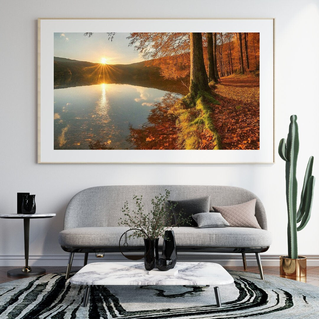 Autumn Sunset Lake Painting, Printable Artwork, Digital Download, Various Sizes Available. Living Room Artwork